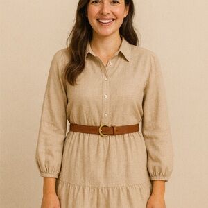 Hint of Blush Belted Tiered Shirt Dress in Beige